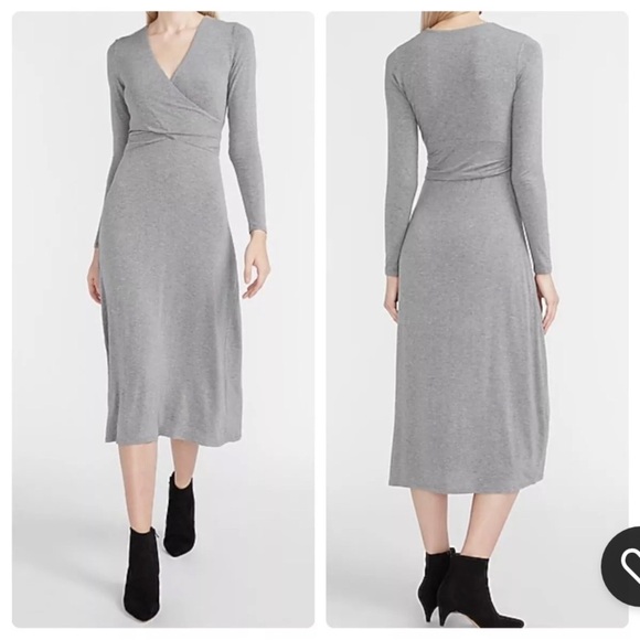 Express Long Sleeve Cross Front Knit Midi Dress - Gray Size S - Picture 1 of 8